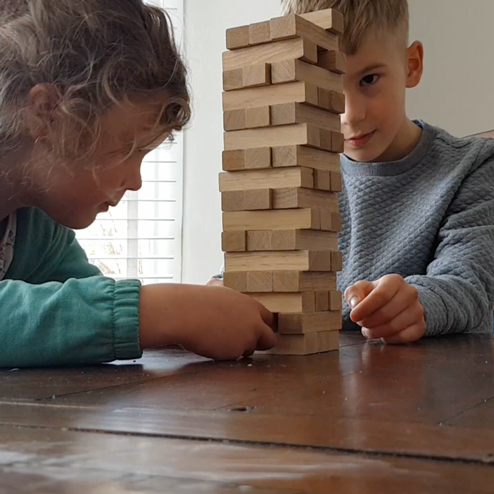 A lady and a boy playing Jenga together