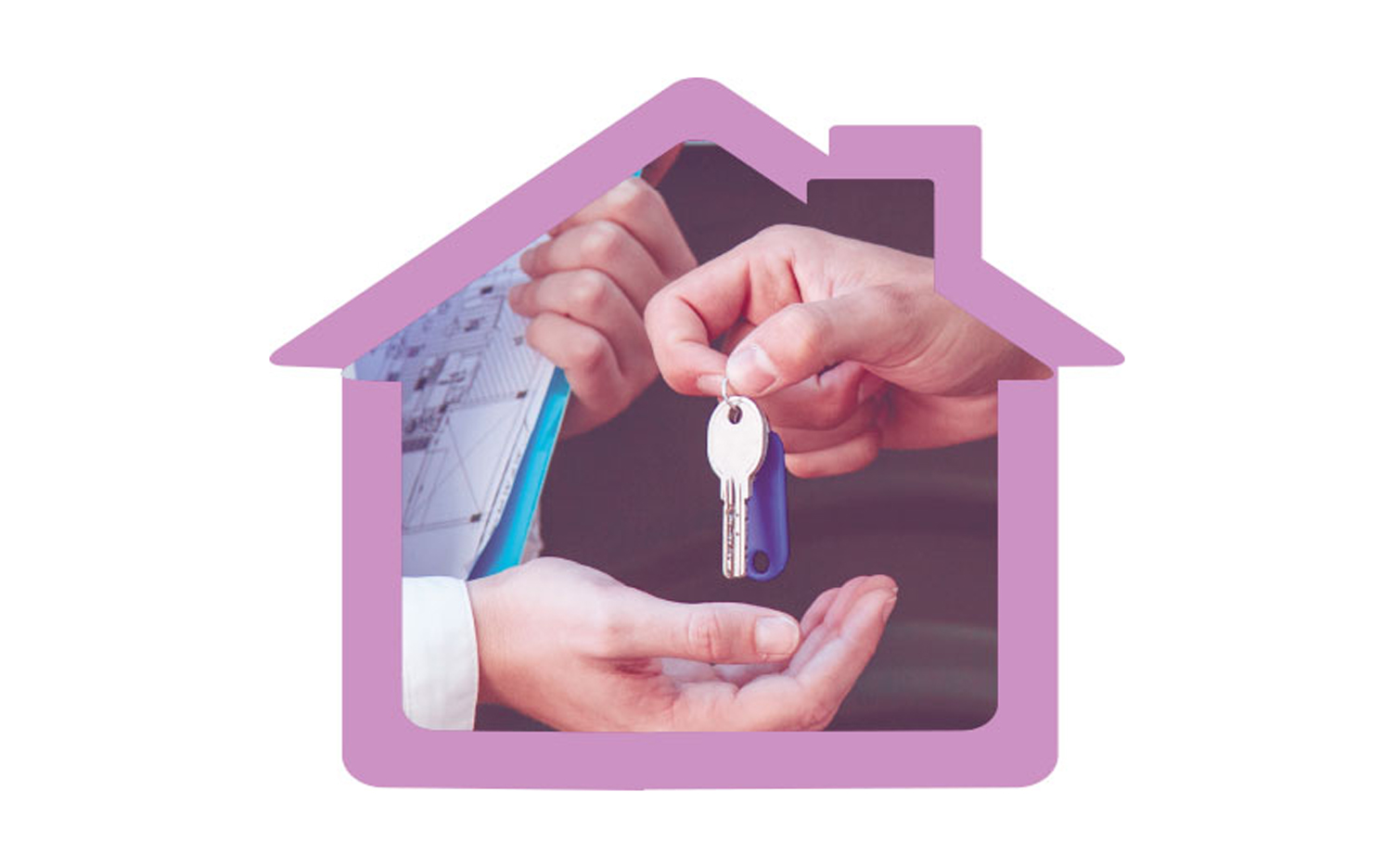 Person handing keys to another person. Image is in a border which looks like a house.