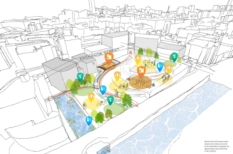 line drawing of the new development, showing buildings and then the new space on the centre using colours