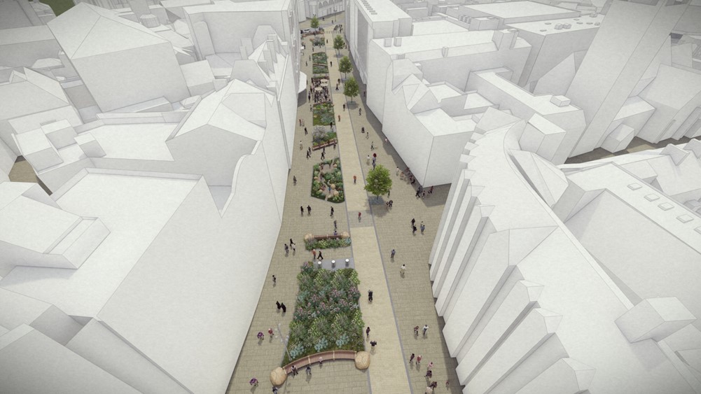 CGI image looking down on a street with greenery in the middle