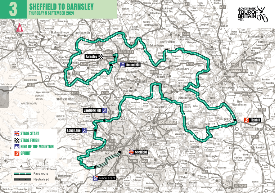 Map of Sheffield with the Tour of Britain route highlighted 