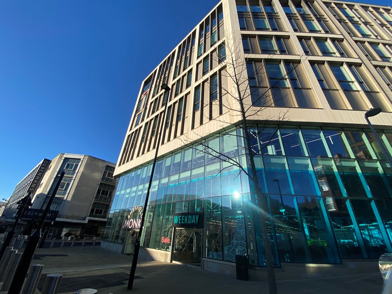 The sun reflects of Grosvenor House in Sheffield city centre