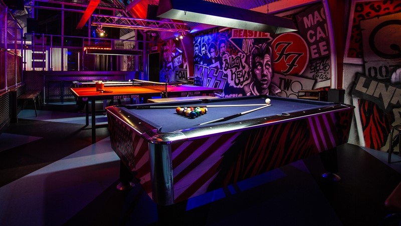 Some of the American pool tables inside Roxy Ball Room in Sheffield