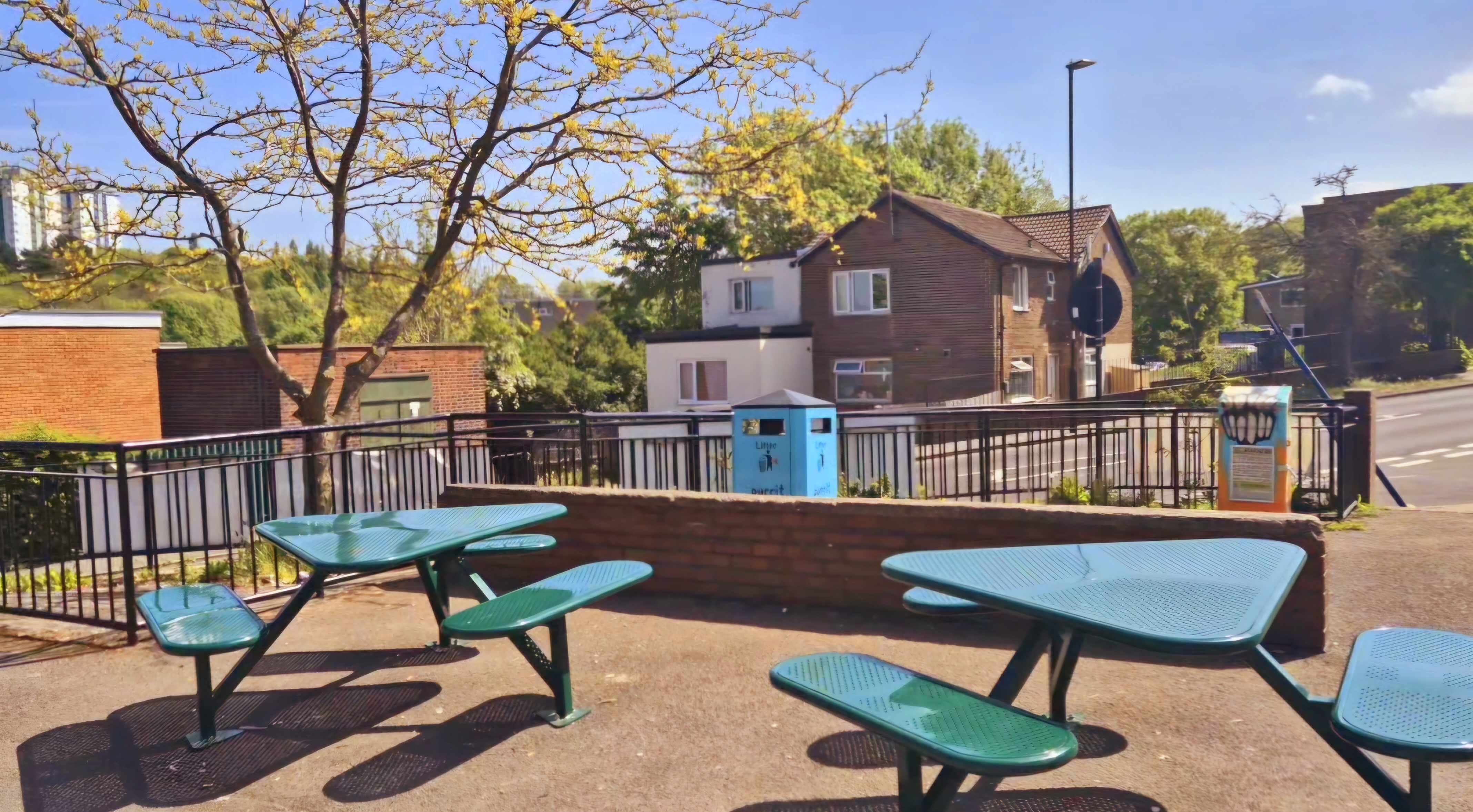 The new picnic benches at The Gaunt shopping precint in Gleadless Valley, looking towards Blackstock Road