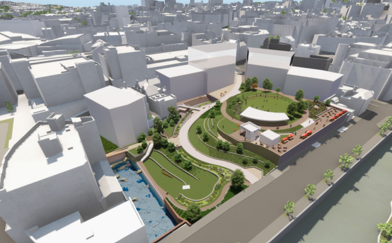 CGi with white buildings and a new greenspace in the centre