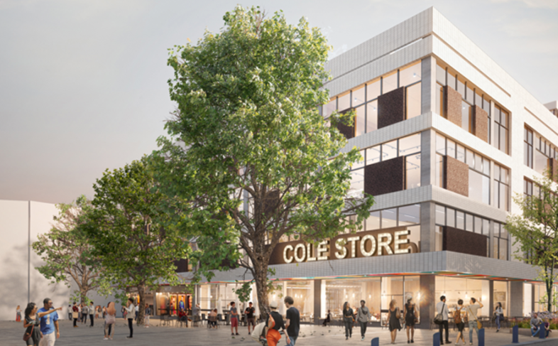 Artist's impression of the former Cole Brothers building with trees in the foreground and people walking past