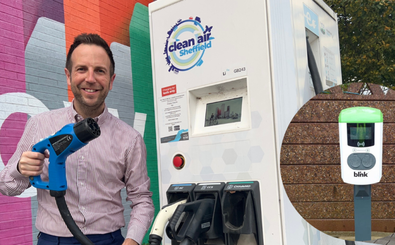 Cllr Miskell, Chair of the Transport, Regeneration and Climate Policy Committee, stands beside an existing electric vehicle charger in Sheffield City Centre. 