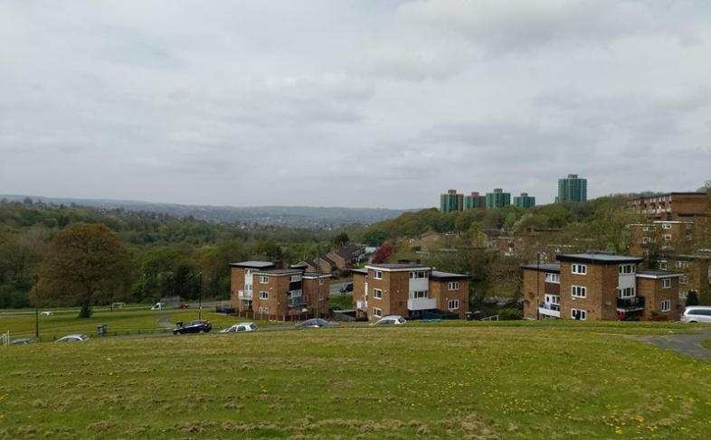 A view looking down on homes in Gleadless Valley, with grass stretched in front of them