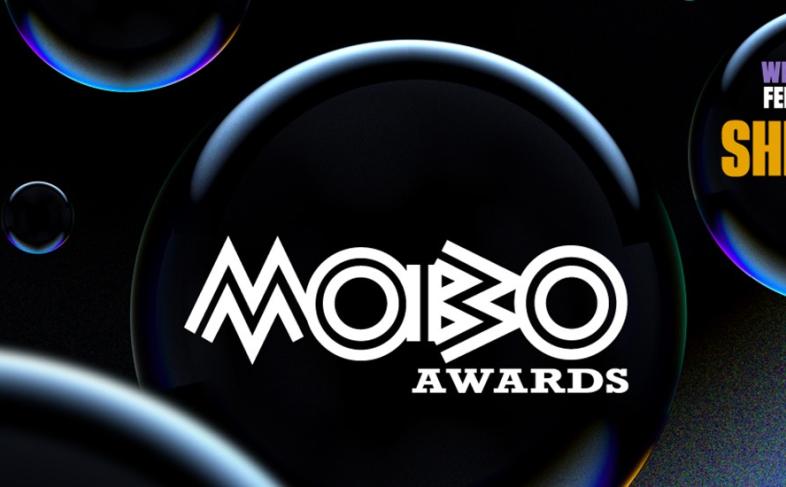 Black background with the word MOBO in white and half circles in the background. The word Sheffield printed in orange in the top right hand corner 