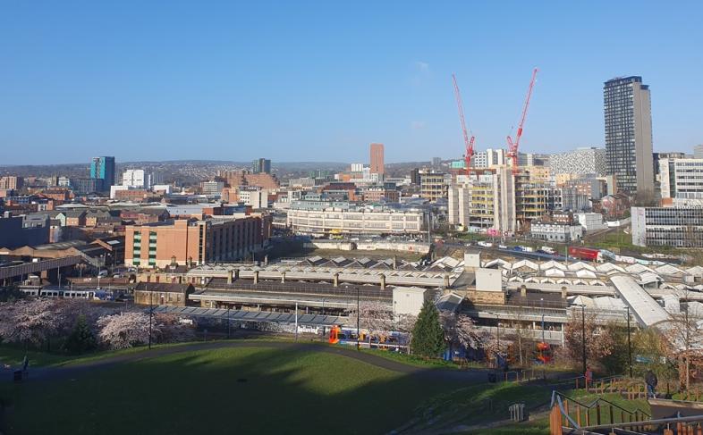 Sheffield skyline showing city centre buildings and the train station