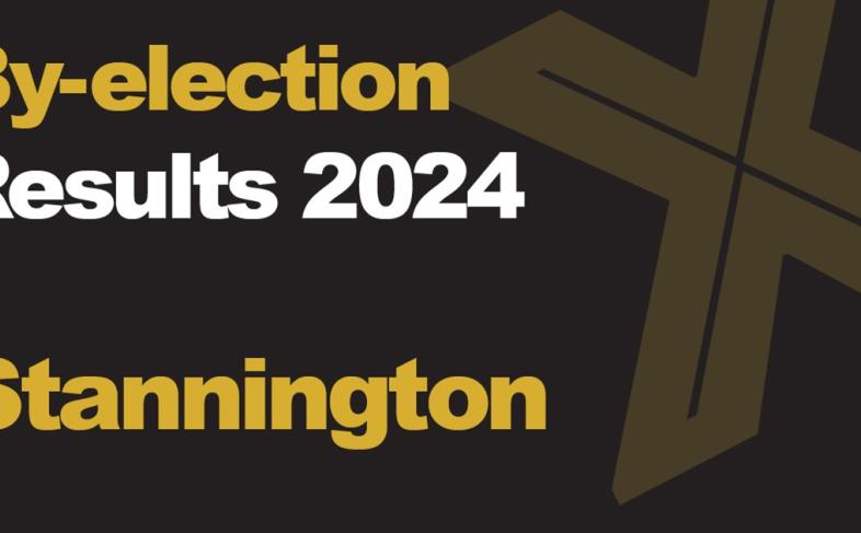 The word By election Results 2024 Stannington in orange and white on a black background