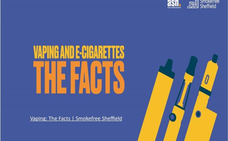 image of 3 yellow vapes on a blue background with the words Vaping and e-cigarettes - The Facts written in yellow