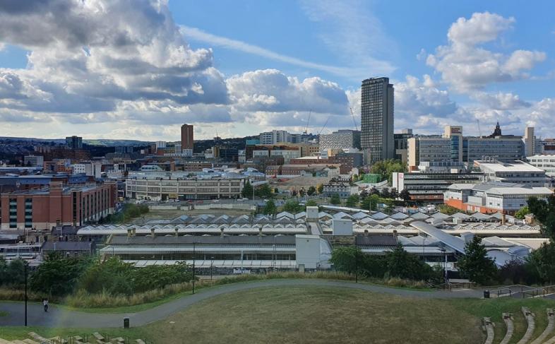 Sheffield city centre skyline on a sunny day from the view point of the ampitheatre 