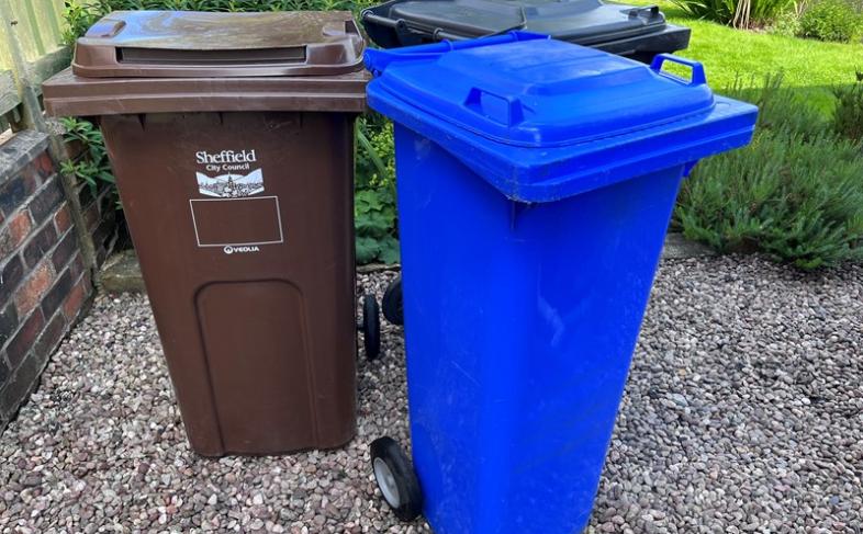 Brown, bkue and black rubbish bins arranged neatly upon gravel in a garden with plants in the background