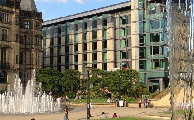 Sheffield Town Hall from the view of the Peace Gardens. 