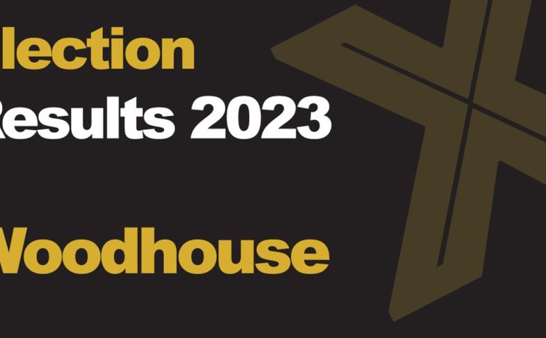 A green background picture with Election Results 2023 Woodhouse written in front