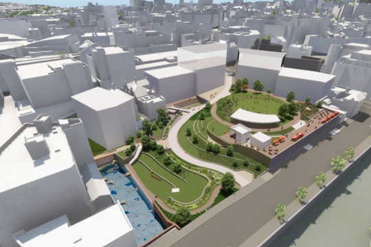 CGi with white buildings and a new greenspace in the centre