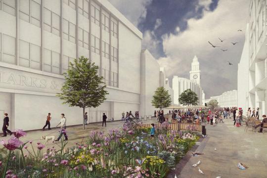 CGI image looking down the street with a church in the background, building surrounding a street filled with flowers and trees