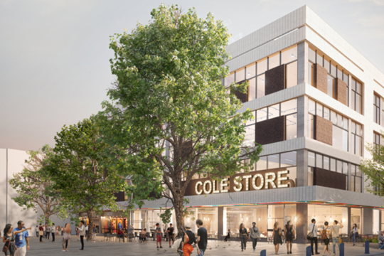 Artist's impression of the former Cole Brothers building with trees in the foreground and people walking past