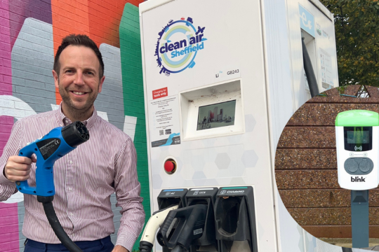 Cllr Miskell, Chair of the Transport, Regeneration and Climate Policy Committee, stands beside an existing electric vehicle charger in Sheffield City Centre. 