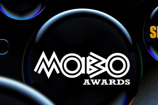 Black background with the word MOBO in white and half circles in the background. The word Sheffield printed in orange in the top right hand corner 