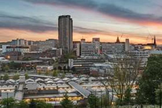 Sheffield cityscape view from South Street park. 