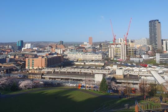 Sheffield skyline showing city centre buildings and the train station