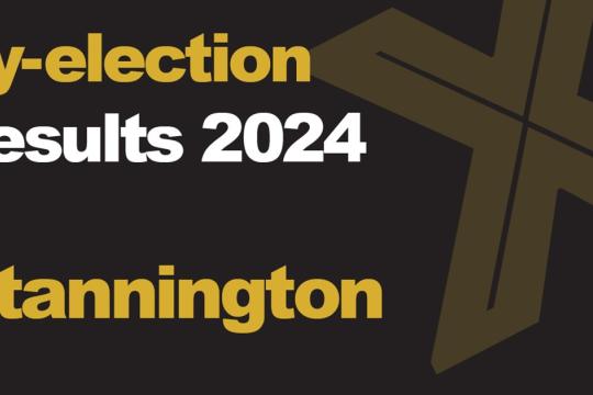 The word By election Results 2024 Stannington in orange and white on a black background