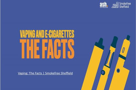 image of 3 yellow vapes on a blue background with the words Vaping and e-cigarettes - The Facts written in yellow