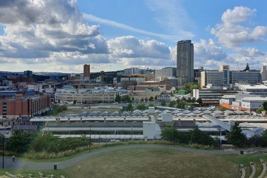 Sheffield city centre skyline on a sunny day from the view point of the ampitheatre 