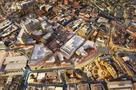 An aerial image of Sheffield's Heart of the City on a bright, sunny day