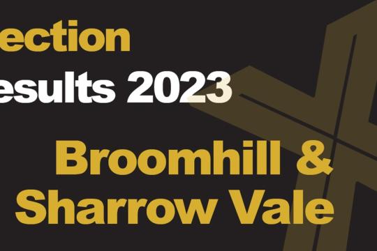 A green background picture with Election Results 2023 Broomhill & Sharrow Vale written in front