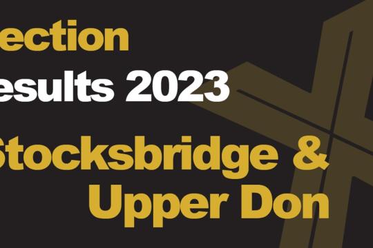 A green background picture with Election Results 2023 Stocksbridge & Upper Don written in front