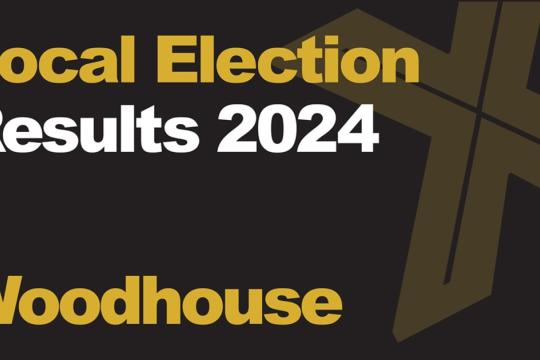 A green background picture with Local Election Results 2024 Woodhouse written in front