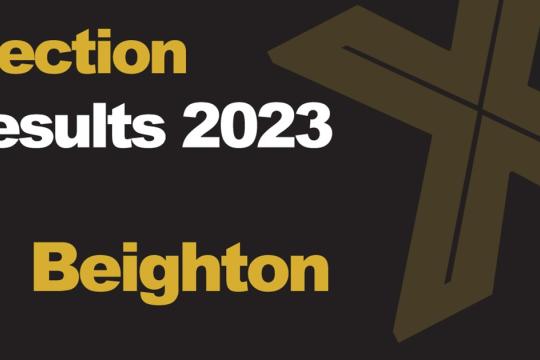 A green background picture with Election Results 2023 Beighton written in front