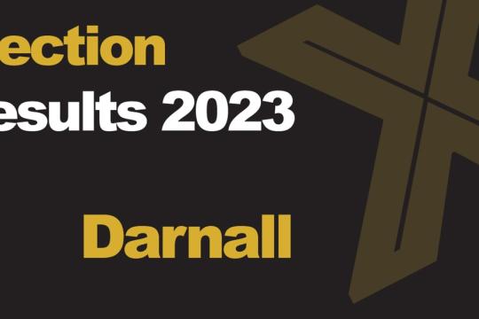 A green background picture with Election Results 2023 Darnall written in front