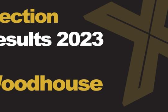 A green background picture with Election Results 2023 Woodhouse written in front