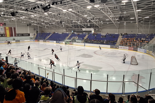 View of rink at ice Sheffield with a game of ice hockey taking place