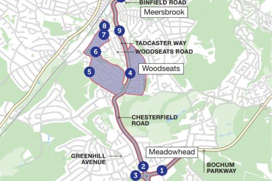 A map showing the route the A61 Chesterfield Road project will take