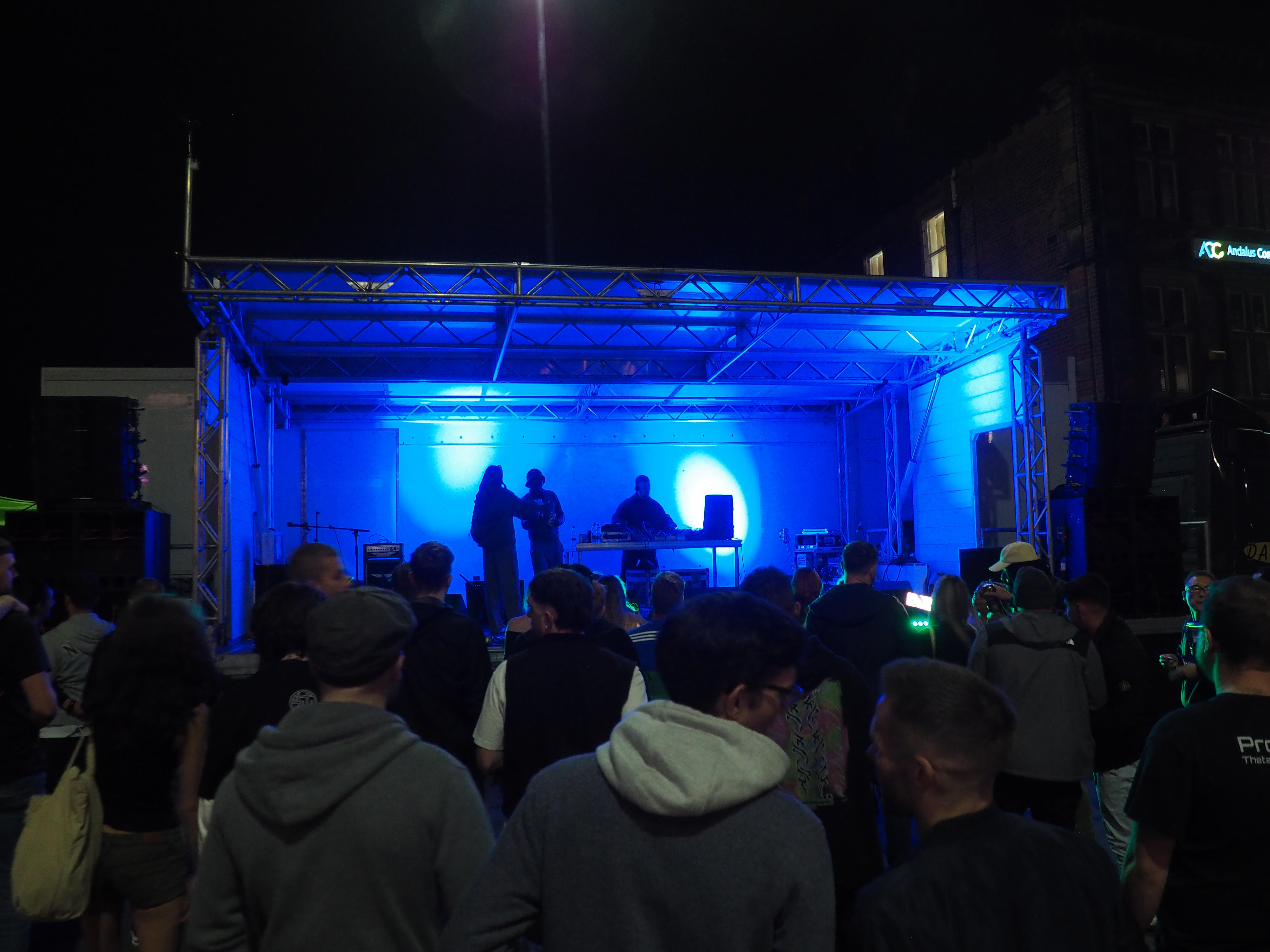 Photo of the main stage at night time at Exchange Street during Castlegate Festival